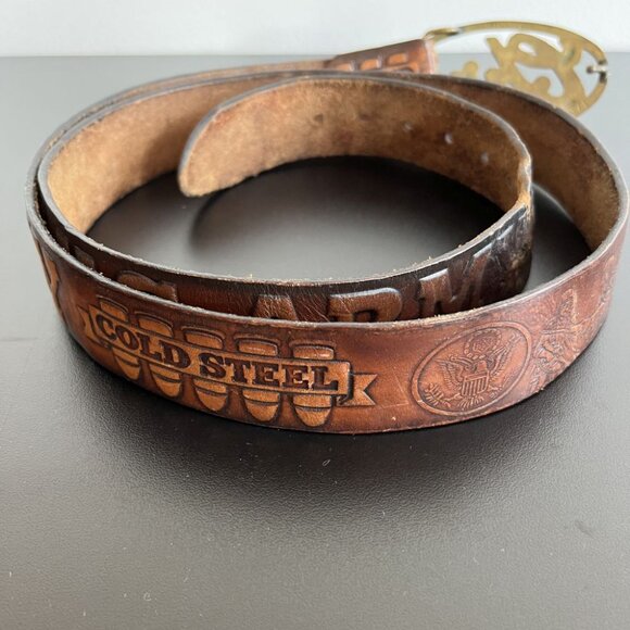 vintage 70s belt brown tooled leather U.S. ARMY cold steel brass CHRIS buckle XL - Picture 12 of 15